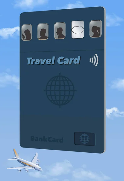 A vertical travel  credit card is seen over a sky background with an airlier passing beneath the card. The EMV chip is in a row of windows from a passenger plane. This is a 3d illustration.
