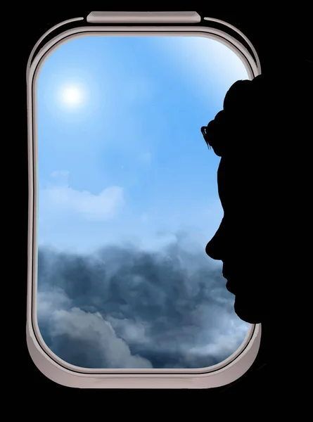 A woman  is seen in silhouette against the window of her plane. Clouds and sun and blue sky are all seen outside the window with text space available. This is a 3-d illustration.