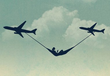 Hamaktaki bir kadın güzel bir tropikal tatil yerine doğru gidiyor. Bu üç boyutlu resimde, jet uçakları arasında asılı duran bir hamakta.