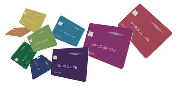 Nine credit card or debit cards in the colors of the spectrum float above a white background in this 3-D illustration.