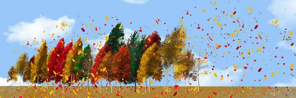 Bold and bright colors of autumn leaves are seen on a line of trees on a windy day with leaves flying. everywhere in the breeze. This is a 3-d illustration.