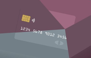 A colorful credit card or debit card that is generic is seen on a correspondingly colorful background. This is a 3-d illustration