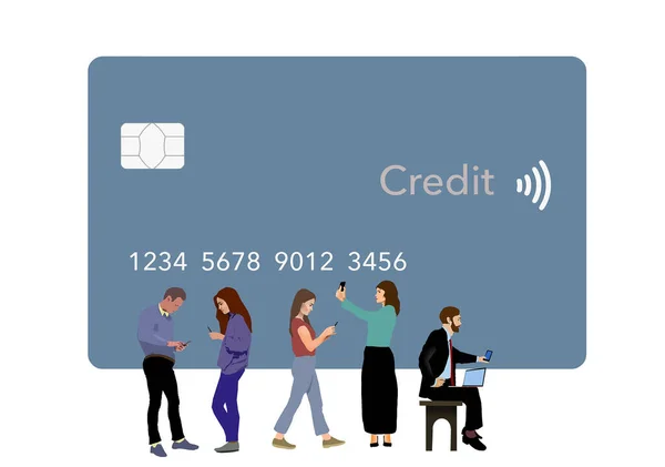 人々はショッピングのためのクレジットカードをリンクする携帯電話のアプリについての3 Dイラストで巨大なクレジットカードの前に立っているので 彼らの携帯電話を見て — ストック写真