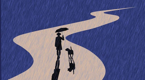 Ein Mann Und Sein Hund Gehen Auf Einer Kurvenreichen Straße — Stockfoto