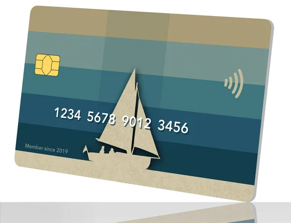 一般的な模擬旅行クレジットカードのデザインで緑と青の縞模様の背景にクルージングを見られます これは3次元イラストです — ストック写真