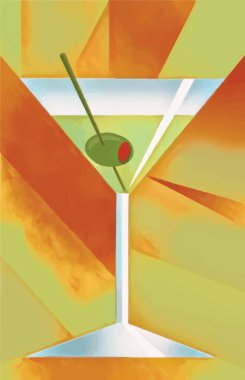 Yeşil zeytinli bir martini, bu üç boyutlu resimde soyut bir toprak arkaplanda martini bardağında görülür..