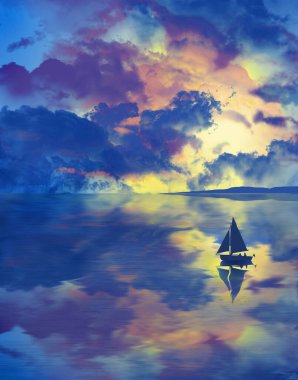 Günbatımı gökyüzü göl yüzeyine yansıyor. Bu resimde sudaki bir yelkenli resmedilmiş..