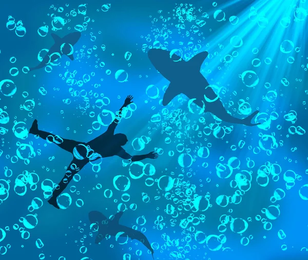 溺死した男は この比喩で上からの水 気泡と太陽光の水中の眺めで彼をサークルサメとして下から見られます — ストック写真