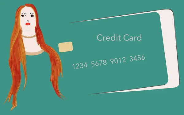 Ung Kvinna Med Rött Hår Ses Nästa Hennes Kreditkort Isolerade — Stockfoto
