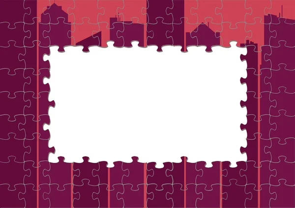 Jigsaw puzzle of a city skyline is a frame for a clear copy or text space in the middle of this illustration on a white background.
