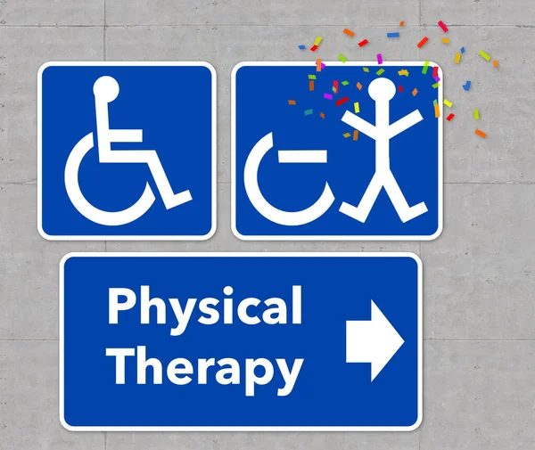 理学療法の作品は このイラストのテーマです 車椅子の人のアイコンが立ち上がり 彼の足に彼を持っている成功した理学療法を祝う — ストック写真