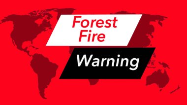 Orman yangını uyarısı. Bir televizyon hava durumu afişi veya ikonu, Amerika Birleşik Devletleri 'ni gösteren bir dünya haritasıyla görülüyor. Renkler kırmızı, siyah ve beyazdır ve 40 benzer görüntüden oluşur..