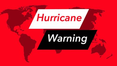 Kasırga uyarısı. Bir televizyon hava durumu afişi veya ikonu, Amerika Birleşik Devletleri 'ni gösteren bir dünya haritasıyla görülüyor. Renkler kırmızı, siyah ve beyazdır ve 40 benzer görüntüden oluşur..