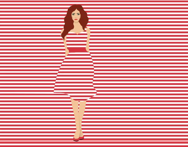 若い女性は赤と白の背景に一致する赤と白のストライプのドレスを着ています — ストック写真
