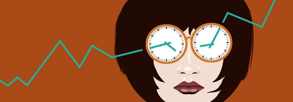 A female stock investor with clocks for eyes is trying to time the market and plan when to buy and when to sell in the stock market at the stock exchange.