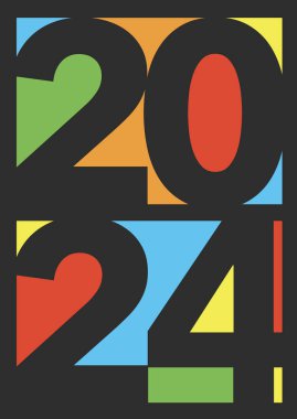 2024 yılının numaraları renkli bir cam tasarımında grafik tasarım illüstrasyonunda görülür..