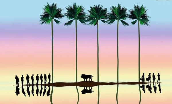 Rozbitkowie Nerwowo Dzielą Tropikalną Wyspę Lwem Afrykańskim Trójwymiarowej Ilustracji Napięciu — Zdjęcie stockowe