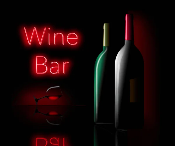 Neon Işareti Şarap Şişeleri Planda Bir Bardak Şarapla Şarap Barını — Stok fotoğraf