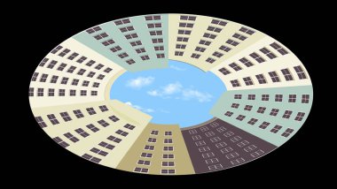 Şehir merkezindeki binalar, apartmanlar bu üç boyutlu resimde alışılmadık bir dairesel düzenleme görülür..