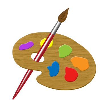 Bir ahşap sanatçı paleti palette bir boya fırçası ve renkler ile görülür. Bu 3 boyutlu bir çizim..