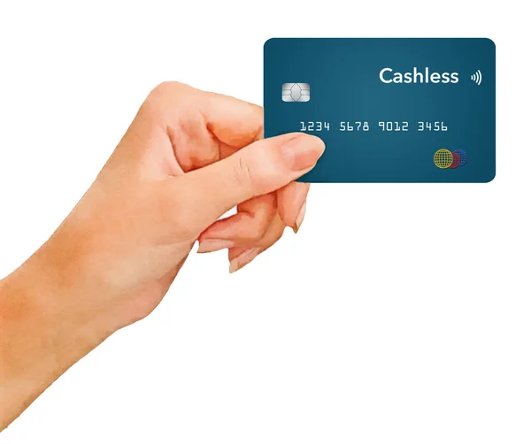 手札は 現金ではなくキャッシュレス取引に関する3次元イラストでキャッシュレスと表示されるクレジットカードを保持しています — ストック写真