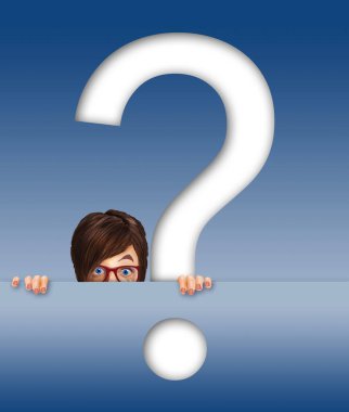 Genç bir kadın, 3 boyutlu bir resimde büyük bir soru işaretiyle görülürken şaşırmış ya da şaşırmış görünür. Sorusu olan??