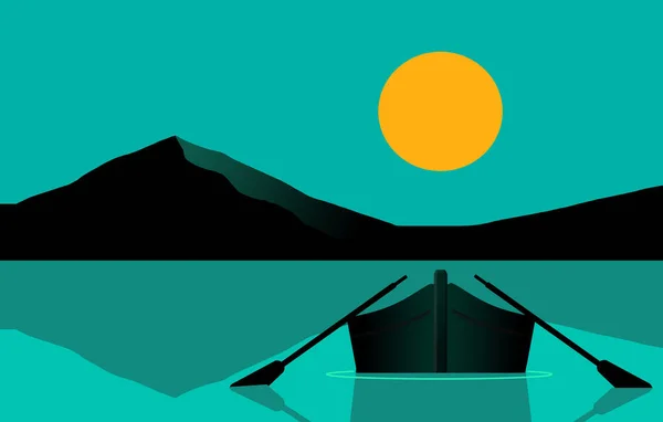 Bote Remos Remos Flotan Lago Montaña Atardecer Esta Ilustración Sobre —  Fotos de Stock