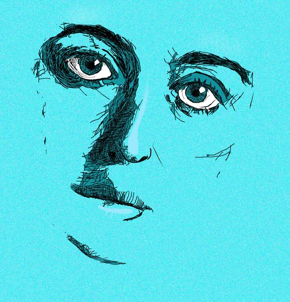 Niebieskooka Kobieta Twarz Czytuje Zobaczona Szkicu Kolorach Czerni Cyjanu Oryginalne — Zdjęcie stockowe