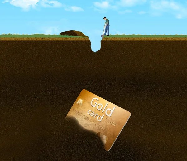 Μια Χρυσή Πιστωτική Κάρτα Είναι Θησαυρός Ένας Άνθρωπος Φαίνεται Σκάψιμο — Φωτογραφία Αρχείου