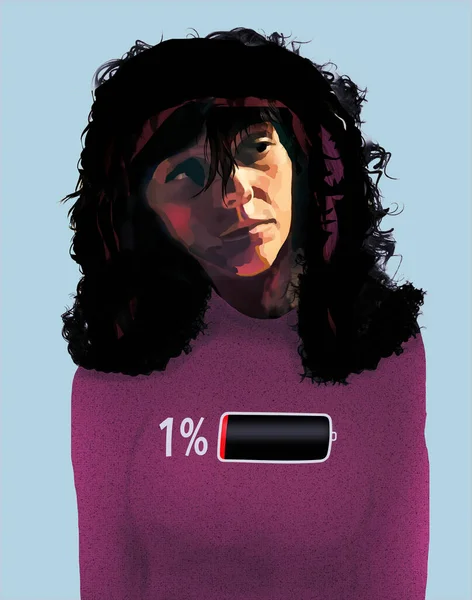 Uma Jovem Mulher Está Cansada Desgastada Usa Ícone Indicador Bateria — Fotografia de Stock
