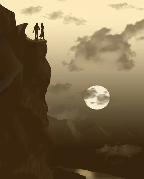 Жінка Чоловік Мандрівники Стоять Скелі Заході Сонця Пара Разом Горах — стокове фото
