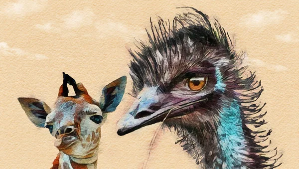Itt Egy Akvarell Festmény Egy Buta Kinézetű Komikus Fiatal Zsiráfról — Stock Fotó