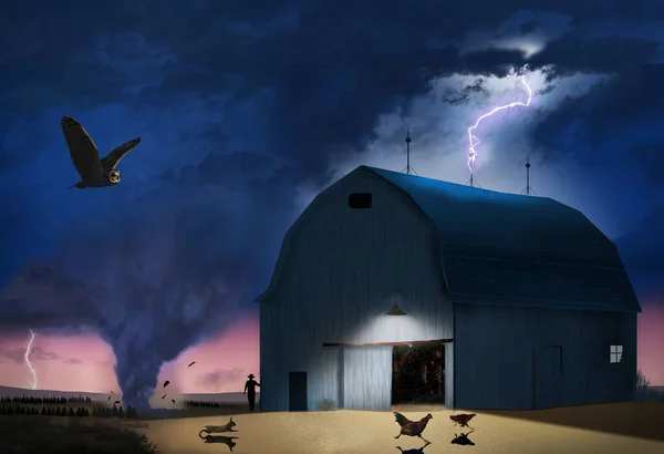 一场龙卷风从闪电般的风暴中滑落 随着动物和农民在一个三维的图解中逃离 它抛掷着瓦砾 奔向一座老式木制谷仓 这不是一个人工智能一般的图像 — 图库照片#
