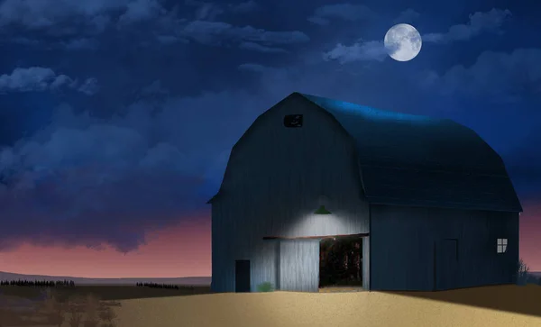 Egy Rusztikus Évjárat Farm Pajta Látható Éjszaka Telihold Felett Kavargó — Stock Fotó