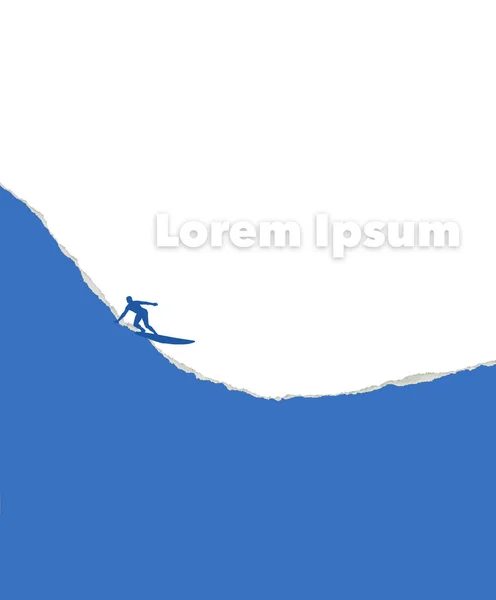 一个冲浪运动员 一个在冲浪板上的人 被看到骑在一张被撕破的纸做成的波浪上 他骑在被撕破的边缘上 这是一个三维的例子 — 图库照片