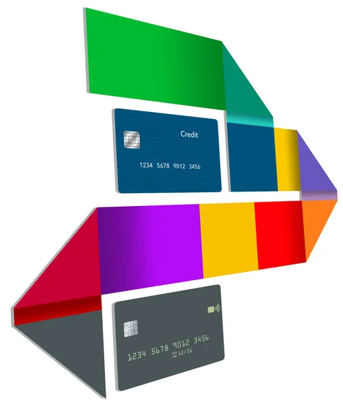 Dwie Generyczne Makiety Kart Kredytowych Widoczne Geometryczną Wielobarwną Wstążką Odizolowaną — Zdjęcie stockowe