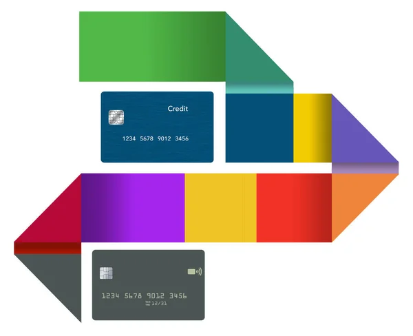 Two Generic Mock Credit Cards Seen Geometric Multi Colored Ribbon — Stock Photo, Image