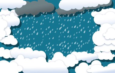 Beyaz kabarık bulutlar, grafiksel elementlerin ya da metinlerin yerleştirilebileceği, yağmurla dolu bir açıklığın etrafını sarar. Bu a3d illüstrasyon. 