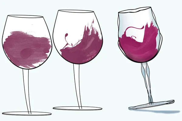 Red wine in a glass is seen in 3 versions in watercolored drawings in this 3-d illustration.