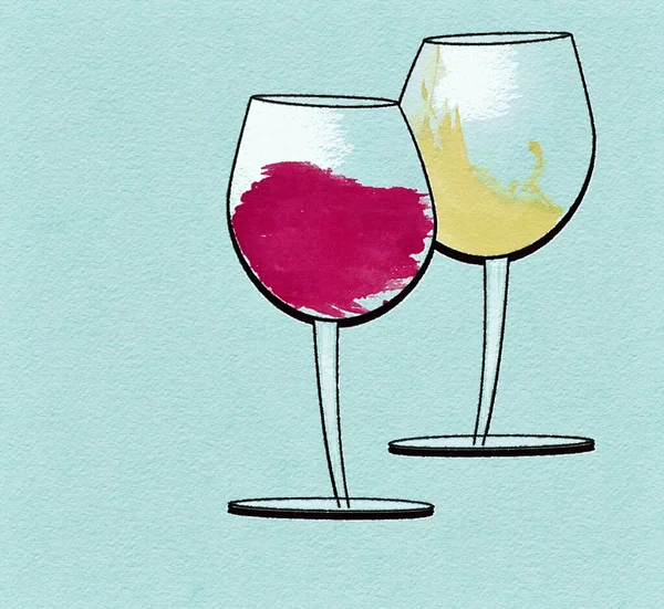 在这个3 D的图例中 水彩画的红葡萄酒和白葡萄酒被隔离在一个背景中 — 图库照片