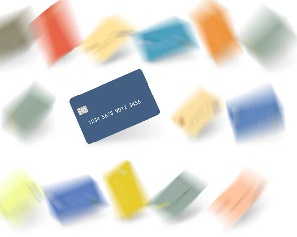 明らかに最高のもの 青いクレジットカードは 財務とビジネスに関する3Dイラストで白い背景をぼやけたカードソンによって囲まれています — ストック写真