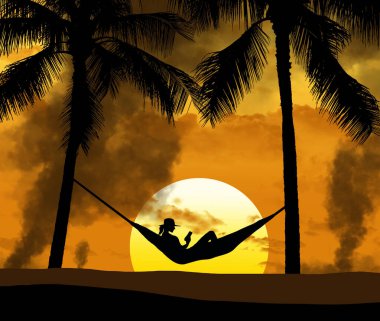 Bir kadın, palmiye ağaçları arasında bir hamakta Hawaii 'nin arka planında alevler arasında ve cennetteki belanın 3 boyutlu bir illüstrasyonunda görülüyor..