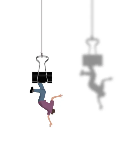 An office worker is hung out to dry on a paper clamp on a string in a 3-d illustration about office politics.
