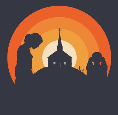 Bir anne ve kızı topluluklarında tepedeki küçük kiliseye doğru yürüyorlar. Kilise, güneş çan kulesi ve haçın arkasında batarken camları parlayan siluet içinde görülüyor..