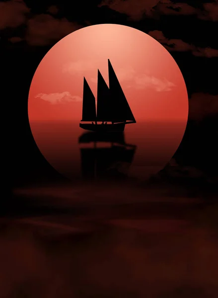 Sailboat Passengers Seen Fog Front Red Sunset Illustration — Stock Photo, Image