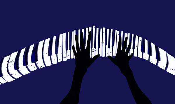 Mãos Tocam Jazz Teclado Piano Curvo Distorcido Grunge Coberto Nesta — Fotografia de Stock