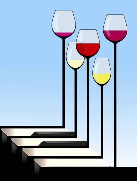Piano Keys Seen Stemware Tall Wine Glasses Illustration Piano Bars — Stock Photo, Image