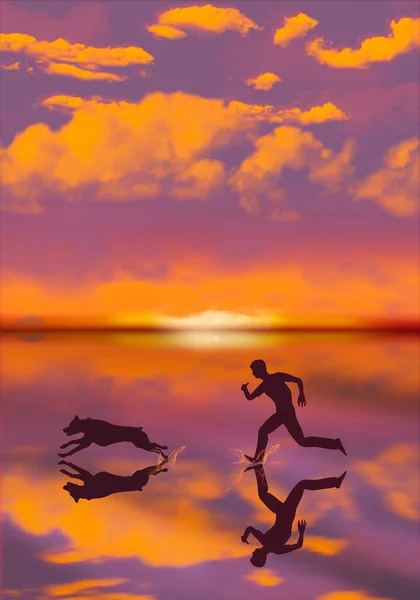 Ein Mann Und Sein Großer Hund Laufen Bei Sonnenuntergang Durch — Stockfoto
