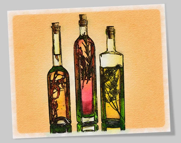 Homemade Bottles Vinegar Flavored Herbs Garden Seen Watercolor Painting Illustration — Stock Photo, Image