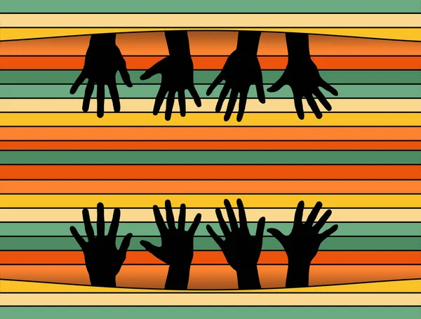 Hands emerging from a colorful background reach out in this 3-d illustration about seeking help or friendship.